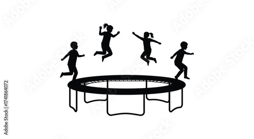 Joyful children silhouettes bouncing high on a round trampoline outdoor fun activity