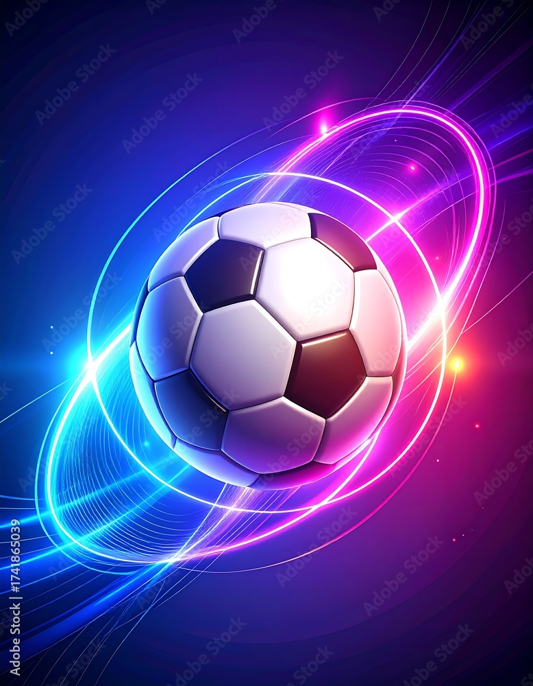 Obraz premium Soccer ball illustration with neon light trails and vibrant colors