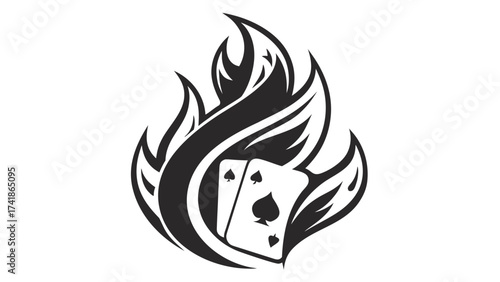 Two playing cards with spade suit engulfed in stylized flames in a black and white graphic design