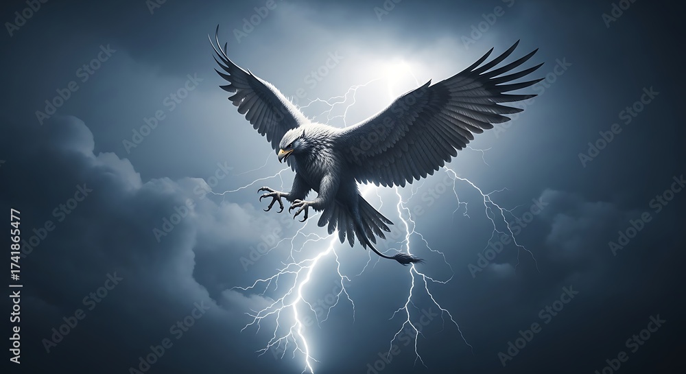 Obraz premium Majestic Eagle Soaring Through a Dramatic Thunderstorm.