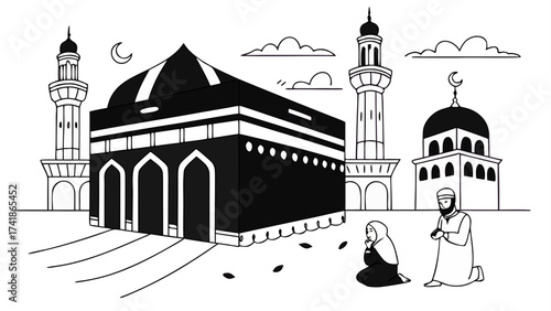 Illustration of the kaaba in mecca with praying muslims and minarets under a crescent moon and clouds