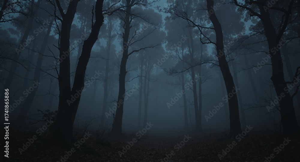 Obraz premium Dark and mysterious forest scene with atmospheric fog and silhouettes
