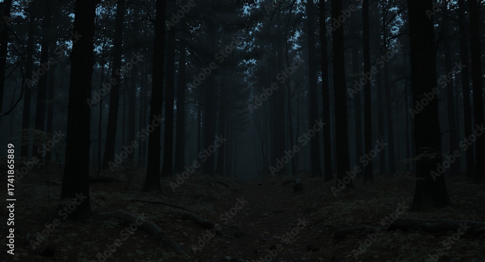 Fototapeta premium Dark and Mystical Forest Path, Atmospheric Landscape, Foggy Woods Scene