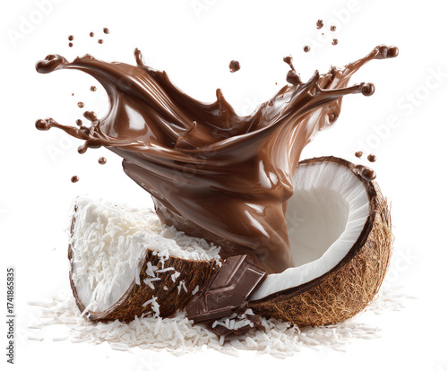 Chocolate-covered coconut halves in a dramatic splash