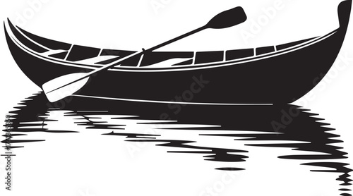 Serene hand-painted watercolor of a solitary rowboat on a tranquil waterway surrounded by autumn foliage silhouette