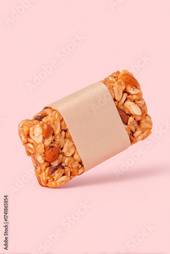 A healthy granola bar with nuts and oats, wrapped in paper, set against a soft background.