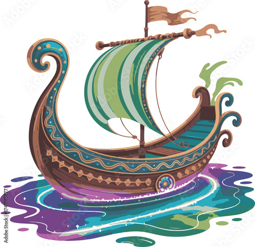 Serene hand-painted watercolor of a solitary rowboat on a tranquil waterway surrounded by autumn foliage silhouette
