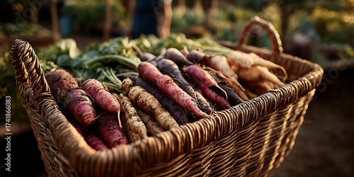 A rustic basket filled with freshly harvested colorful carrots ready for market display and culinary inspiration.