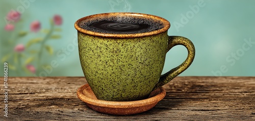 A steaming cup of coffee in a rustic green mug, placed on a wooden surface, radiating cozy vibes.