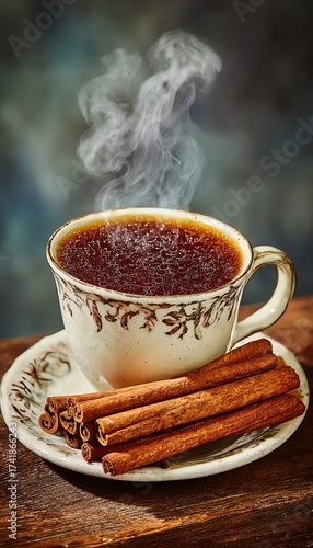 A steaming cup of coffee served with cinnamon sticks, perfect for a cozy moment or breakfast delight.