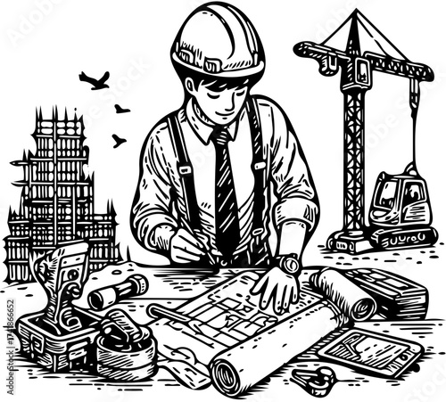 Architectural Designer at Work with Blueprint and Construction Crane Sketch
