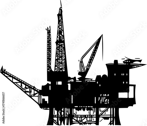 Monochrome vector illustration of an offshore oil rig, a powerful symbol of the petroleum industry and global energy exploration