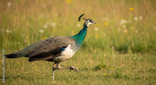 Wallpaper Mural Female Peacock Walking Gracefully Through a Sunlit Meadow with Wildflowers Torontodigital.ca