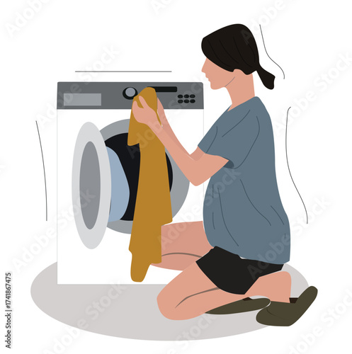 woman washing with washing machine