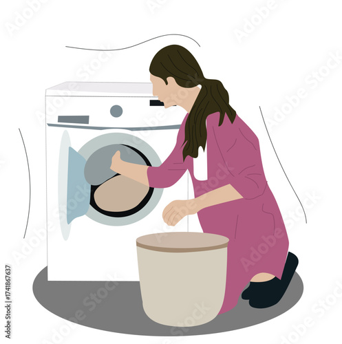 Happy woman loading laundry into washer drum. Housewife putting dirty clothes into washing machine. 