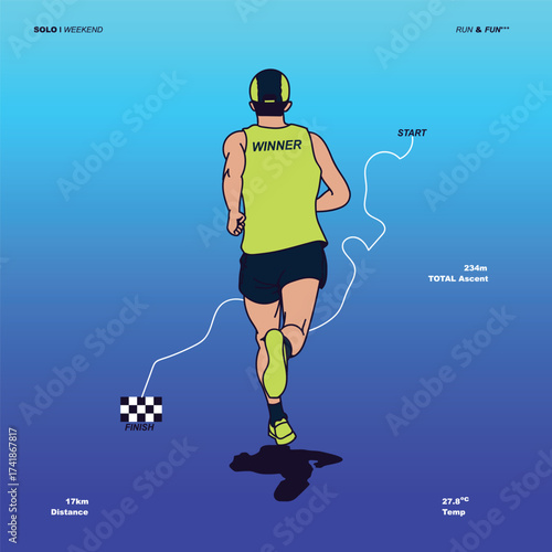 A cartoon style illustration of a runner wearing a green shirt with Winner text, running toward a finish line on a blue gradient background. Perfect for fitness, marathon, and motiv