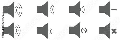 Speaker icon set with ring, mute, 50% volume and silent for smartphone user interface in black color. Sound volume icons set with different signal levels on white background. Sound icon, volume