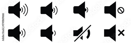 Speaker icon set with ring, mute, 50% volume and silent for smartphone user interface in black color. Sound volume icons set with different signal levels on white background. Sound icon, volume