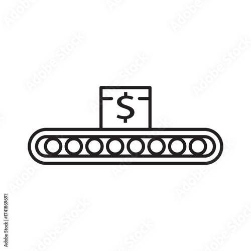 Minimal line icon of a conveyor belt carrying a dollar box, symbolizing business production, profit process, and financial automation. Perfect for fintech, factory systems, and economy concepts.