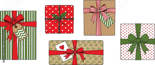 Wrapped christmas gifts with bows and tags holiday presents vector editable vector
