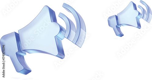 The image contains two identical, translucent blue megaphone icons set against a white background. The megaphones have a glossy,