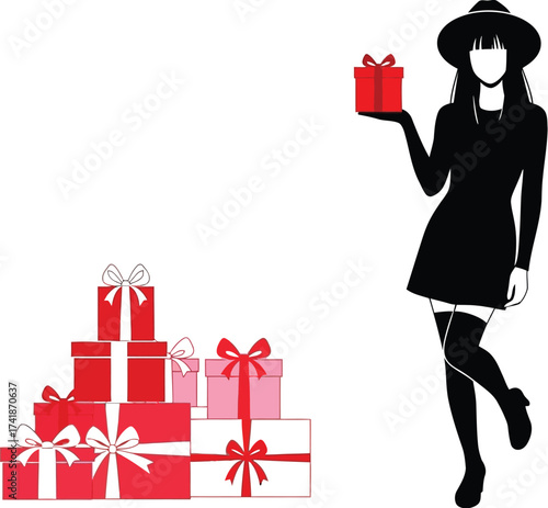 Woman holding gift box presents holiday christmas celebration sale editable vector