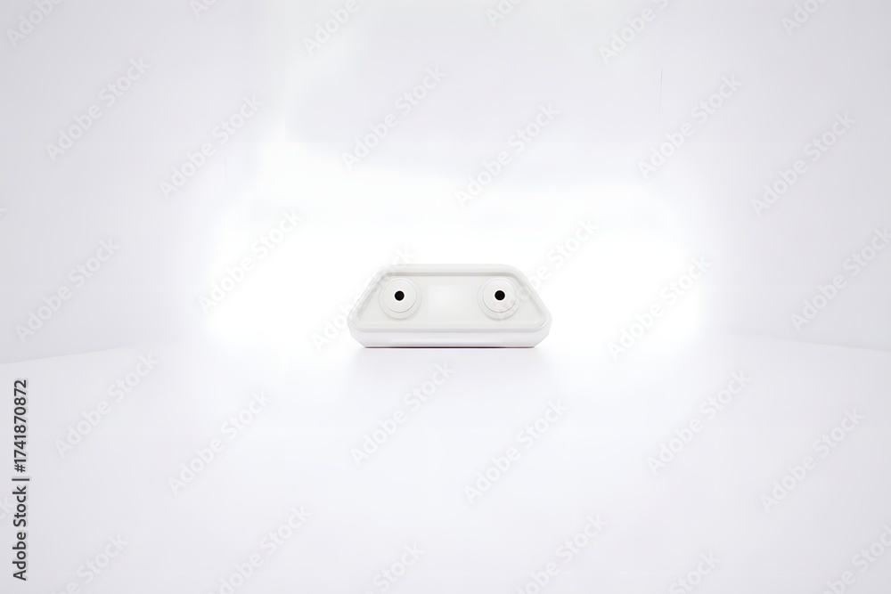 Fototapeta premium White device on a white background with two black dots and a clean minimalist aesthetic look