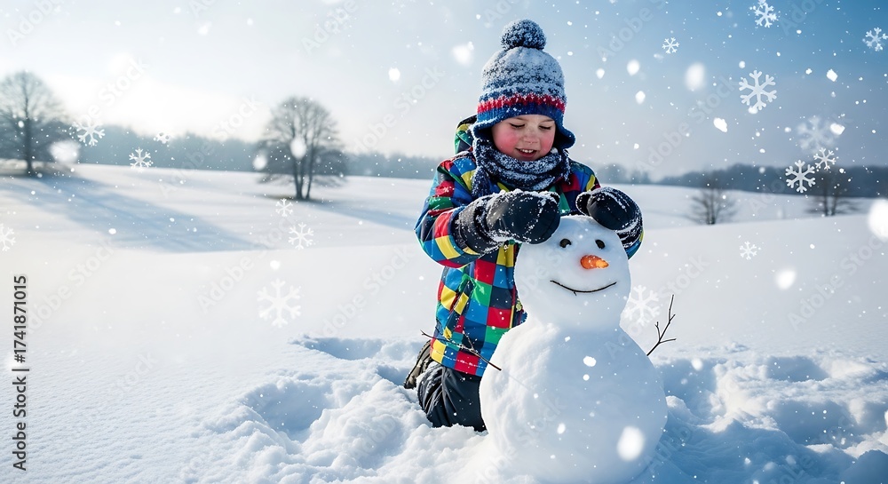 Obraz premium Happy child building a snowman in a snowy winter landscape, with snowflakes falling