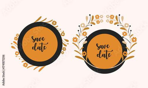 Luxury Golden Save the Date Romantic Wedding Floral Circle Ring Ornament Hand Drawn Illustrator Art