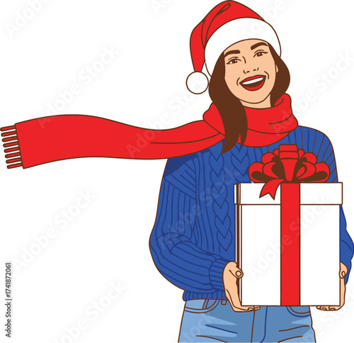 Christmas gift woman holding present santa hat scarf vector art editable vector