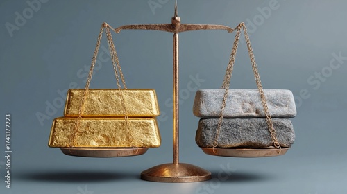 A balanced scale where the gold bar side outweighs a single stone, illustrating a business with revenue far exceeding costs, maintaining efficient operations and excellent profit margins.