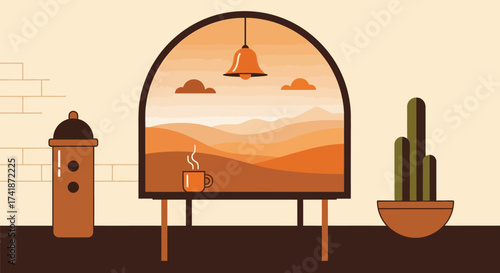 Minimalist illustration of coffee mountain view and desert plants editable vector