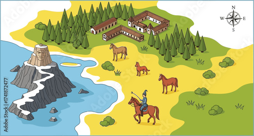 Illustrated fantasy map with horses mountain and ancient buildings editable vector