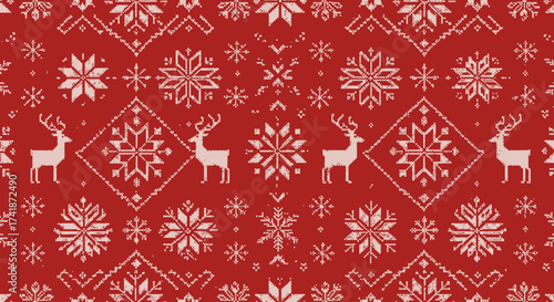 Scandinavian Nordic vector Christmas pattern, geometric snowflakes, reindeer silhouettes, knitted sweater style, red and white color scheme.