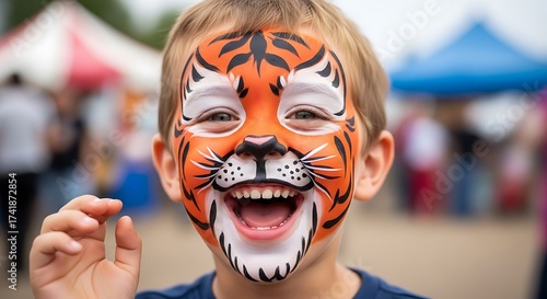 Happy child with tiger face paint smiles broadly.
