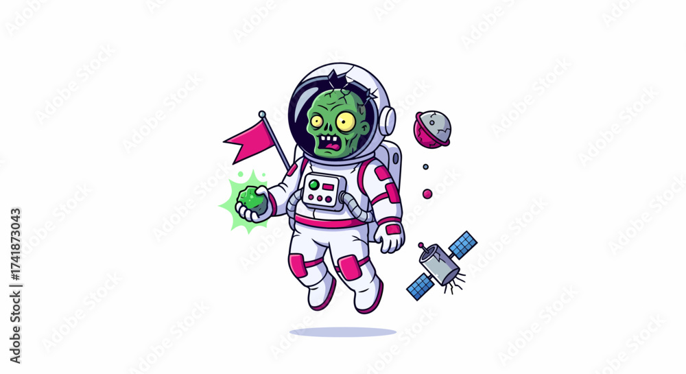 Fototapeta premium Cartoon Zombie Astronaut Floating with Flag Satellite and Glowing Meteorite.