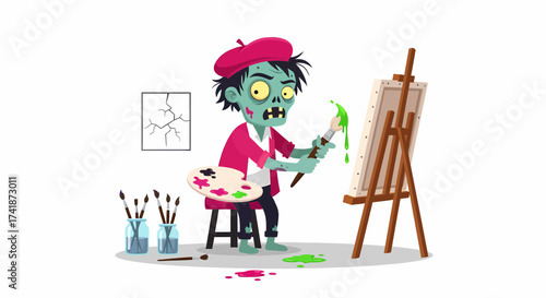 Artistic Zombie Painter with Palette Easel and Dripping Green Paint.