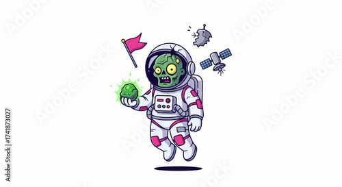 Cartoon Zombie Astronaut Holding Glowing Rock with Broken Satellite and Flag.