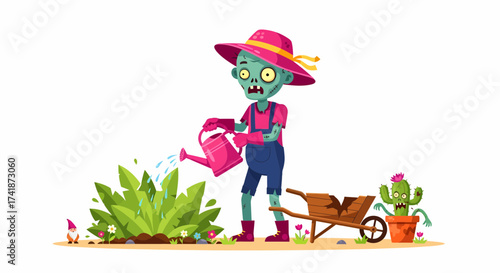 Cartoon Zombie Gardener Watering Plants with a Pink Watering Can and Wheelbarrow.