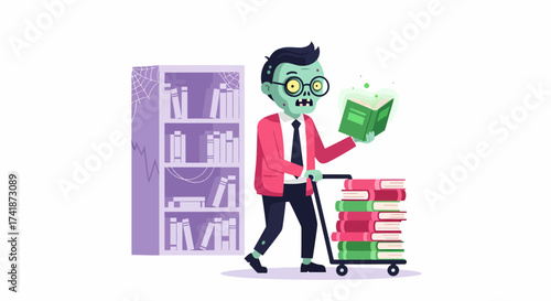 Cartoon Zombie Librarian with Book Cart and Glowing Book in Hand.