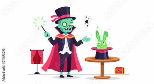 Cartoon Zombie Magician with Wand Cards and Green Rabbit in a Top Hat.
