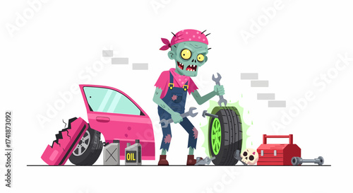 Cartoon Zombie Mechanic Fixing a Glowing Green Tire with a Wrench.