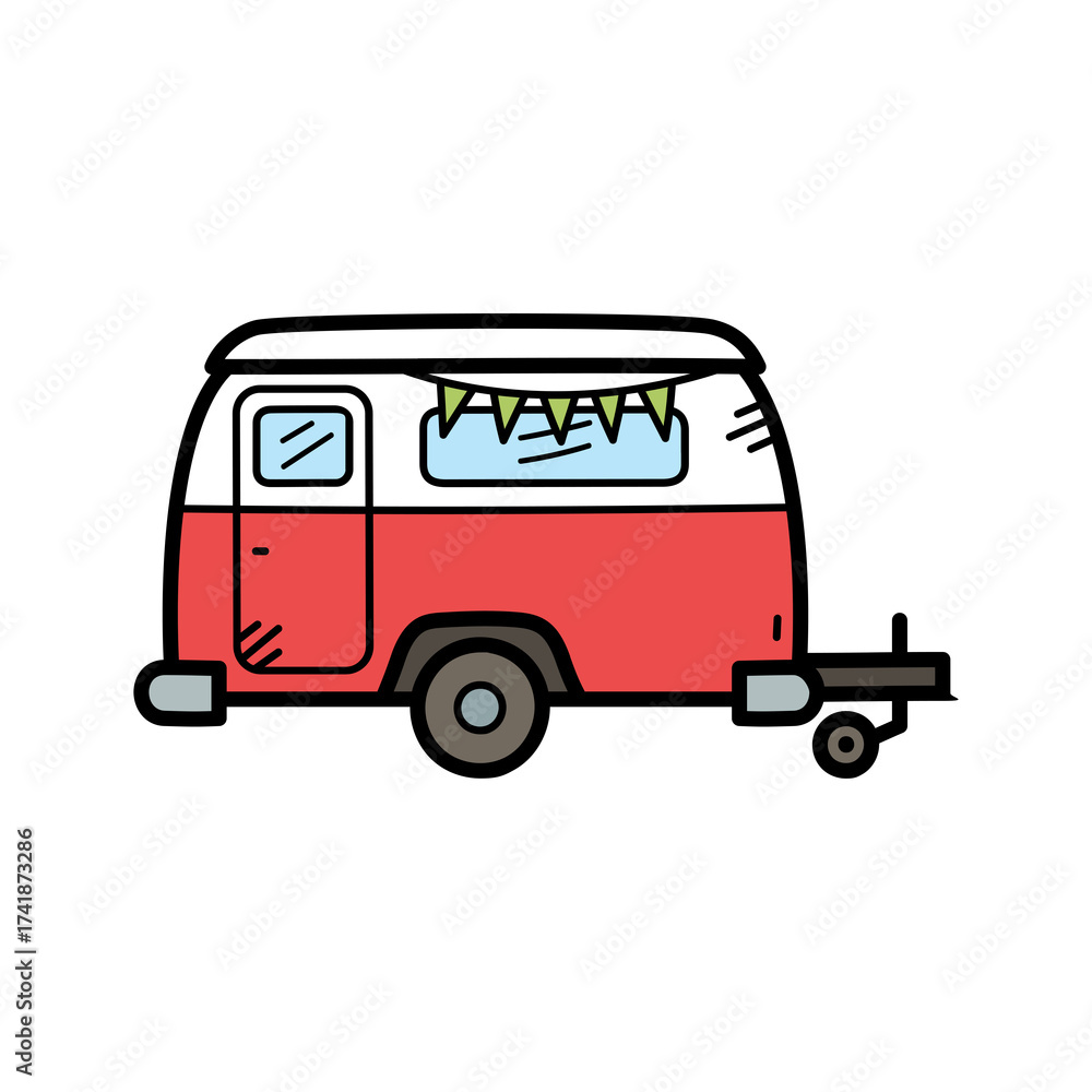 Fototapeta premium Cartoon Camper Trailer with Red and White Body and Bunting on Transparent Background
