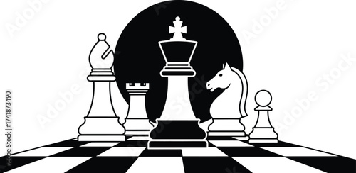 Chess pieces strategy game board black and white vector illustration editable vector