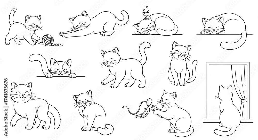 Naklejka premium A set of line art illustrations featuring cute kittens in various poses and activities, including playing, stretching, sleeping, and sitting