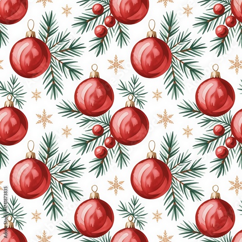 Seamless pattern of red christmas baubles and pine branches with golden snowflakes on white background