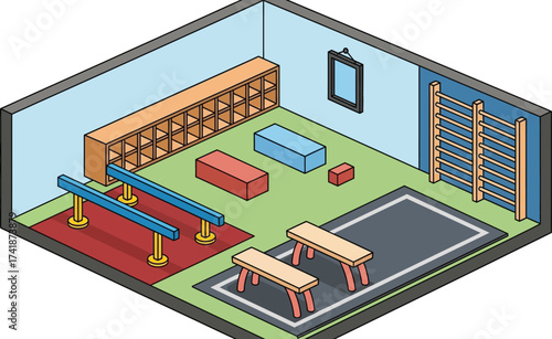 Isometric gym interior illustration with equipment and furniture editable vector