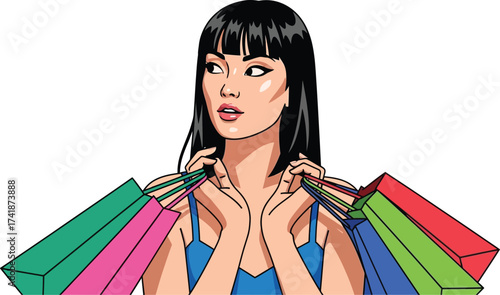 Woman shopping bags fashion retail therapy sale deals discounts editable vector
