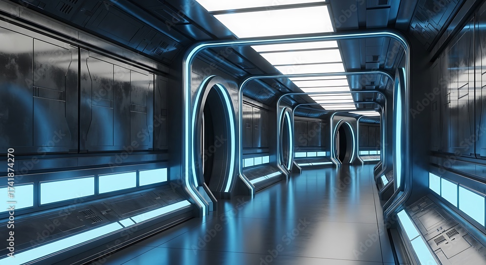 Obraz premium Futuristic Sci-Fi Corridor with Blue Neon Lights and Metallic Walls, Modern Architecture