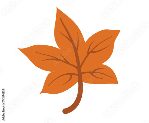 A stylized illustration of a single orange leaf with a brown stem and veins, resembling a maple leaf, isolated on a white background, symbolizing autumn